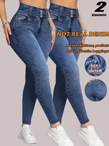 Women High-Waisted Stretchy Printed Faux denim leggings, Fake Buttons, no real Pockets, All-Season, Slim Fit, Breathable, Casual, Sporty, leggings, imitation denim fabric Pants