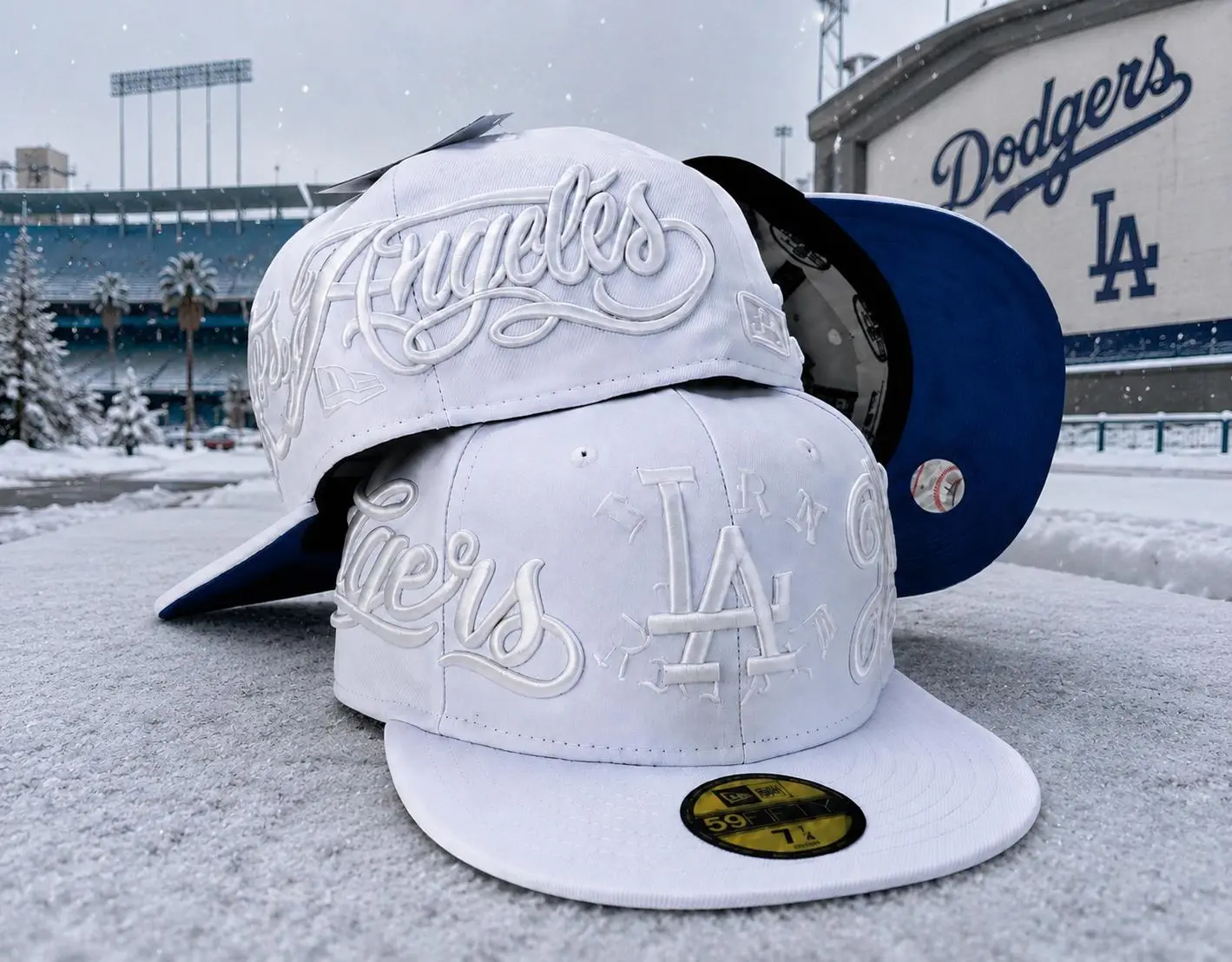 Los Angeles LA All Over Embroidered 59FIFTY Fitted Hat – White Baseball Cap with Blue Brim