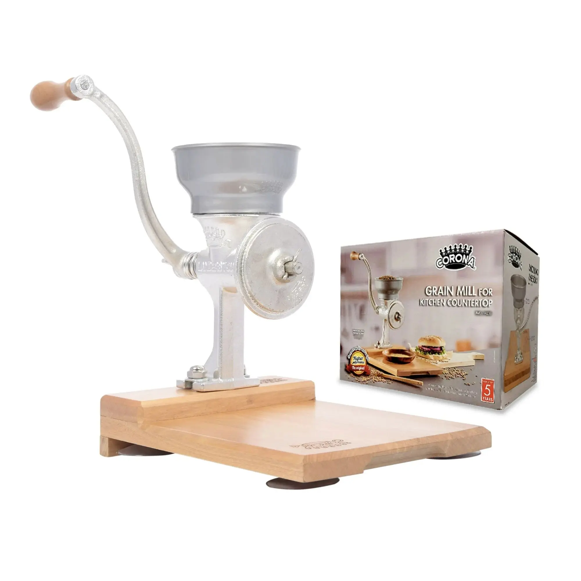 Corona Cast Iron Corn & Grain Mill with Wooden Table – Manual Hand Grinder for Corn, Wheat & Grains – Heavy-Duty Cast Iron Construction