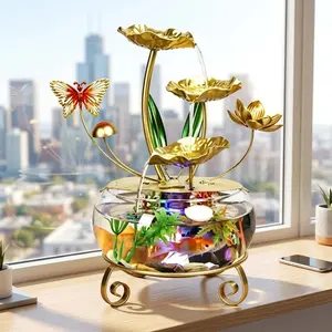 Single unit luxurious gold electroplated lotus waterfall aquarium — 2-in-1 desktop fountain and fish tank, suitable for living rooms, offices, modern home office decor, and gifts.