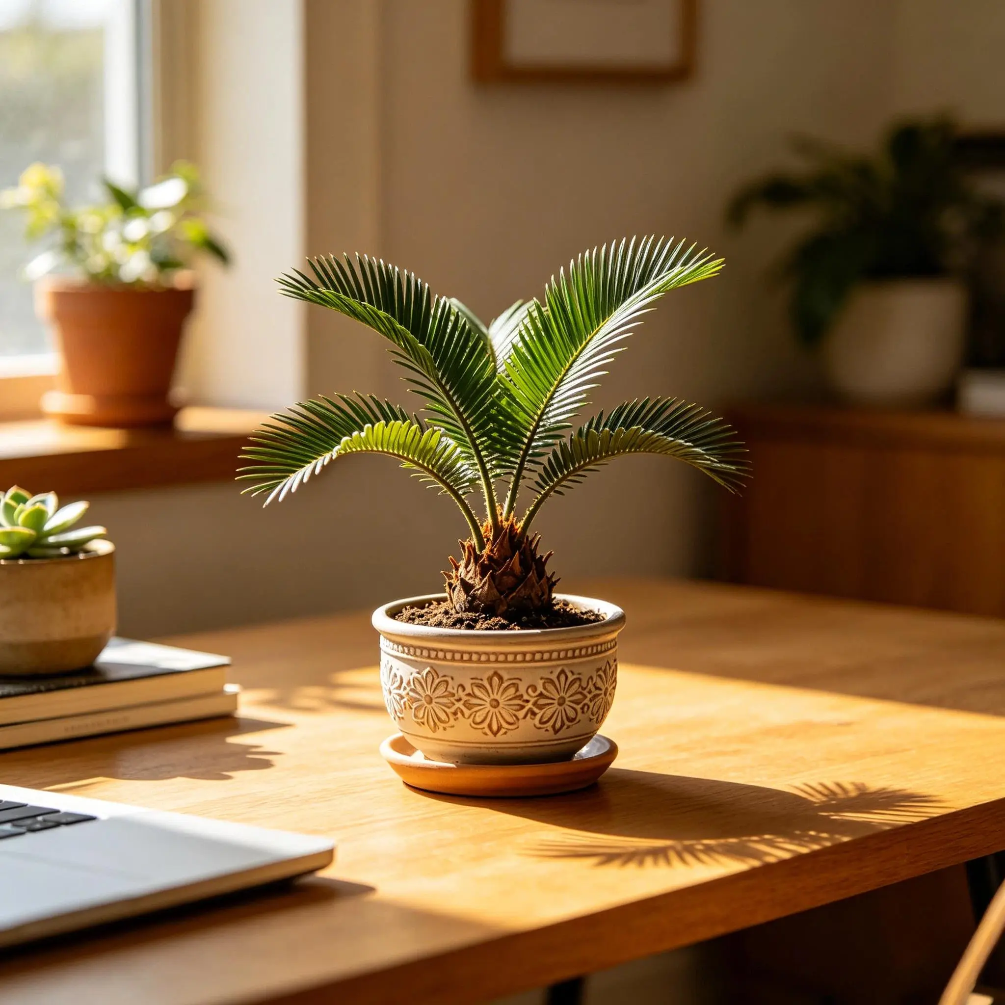 Bare root young sago palm – ancient fossil plant. Easy-care indoor/outdoor palm, perfect as a tabletop bonsai for home, office, study, windowsill, or garden landscaping.