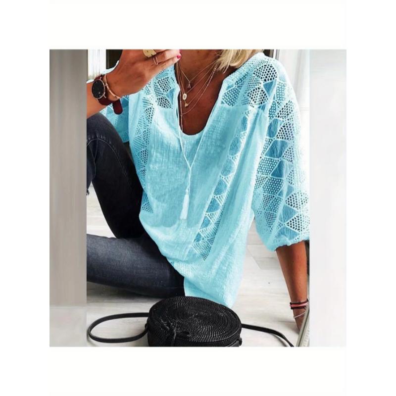 [Cotton Tunic Top] Cotton Plus Size Women's 3/4 Sleeve Top | Light Gray V-Neck Casual Loose Fit Shirt with Geometric Eyelet Detailing, High-Quality Autumn Tee for Layering or Standalone Asymmetrical De Fabric Polyester Blouse Womenswear Chic Elegant White