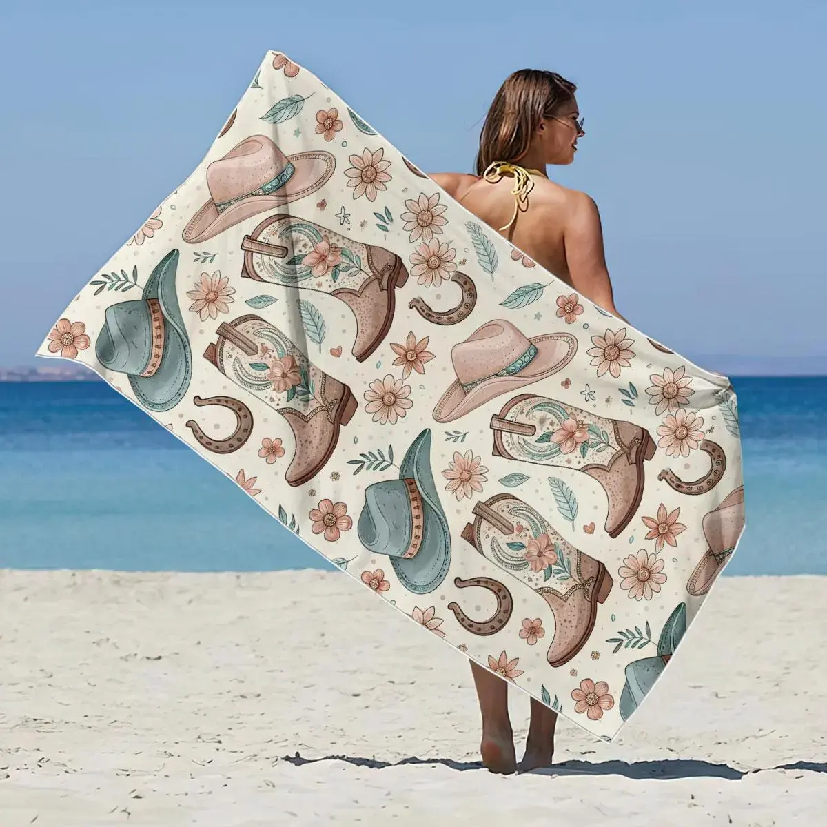 Cowboy & Floral Print Beach Towel - Quick-Dry, Breathable, Soft, Water-Absorbent, Durable, Modern Textile for Home Use, Beach, Decoration