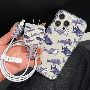 Shark Pattern Phone Case with Charger Saver & Cable Protector & Cable Winder, Shockproof Phone Protective Cover, Phone Accessories for iPhone, Casing, Smartphone, Cellphone