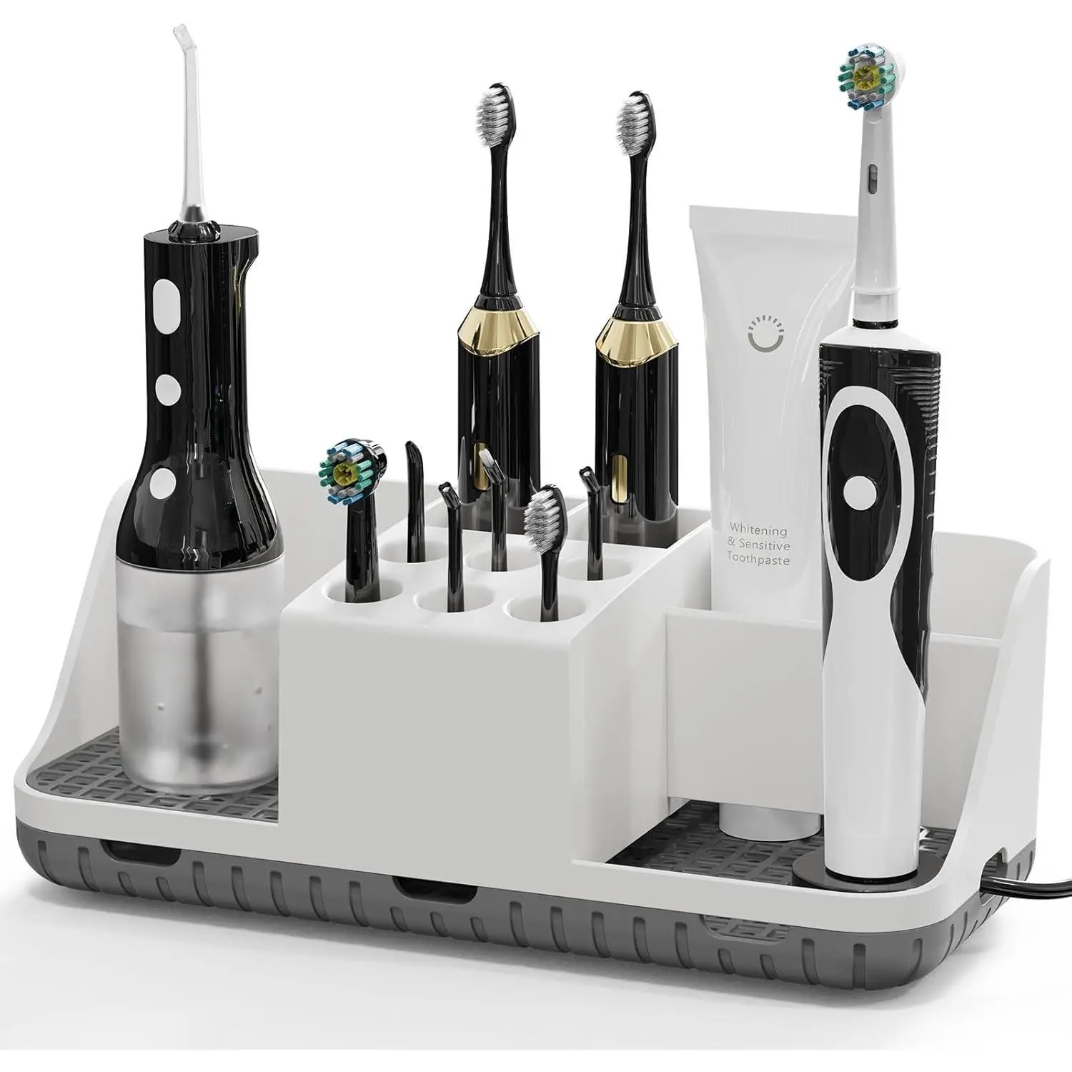 2026 New Electric Toothbrush Organiser Set with Cord Slots, Detachable Toothbrush & Toothpaste Holders, Large Storage Caddy, Drainage Design, Anti-Slip Base for Bathroom Home Supplies