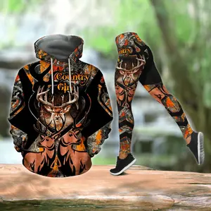 Hot Country Girl Hoodie and Legging Set, 3D Camo Deer Print Personalized Combo Outfit for Women Outdoor Hunting Sportswear Casual Wear