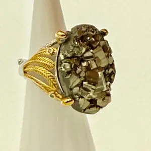 Pyrite Cluster Ring-Handcrafted Gold Leaf Design with Natural Pyrite Stone for Unique Jewelry