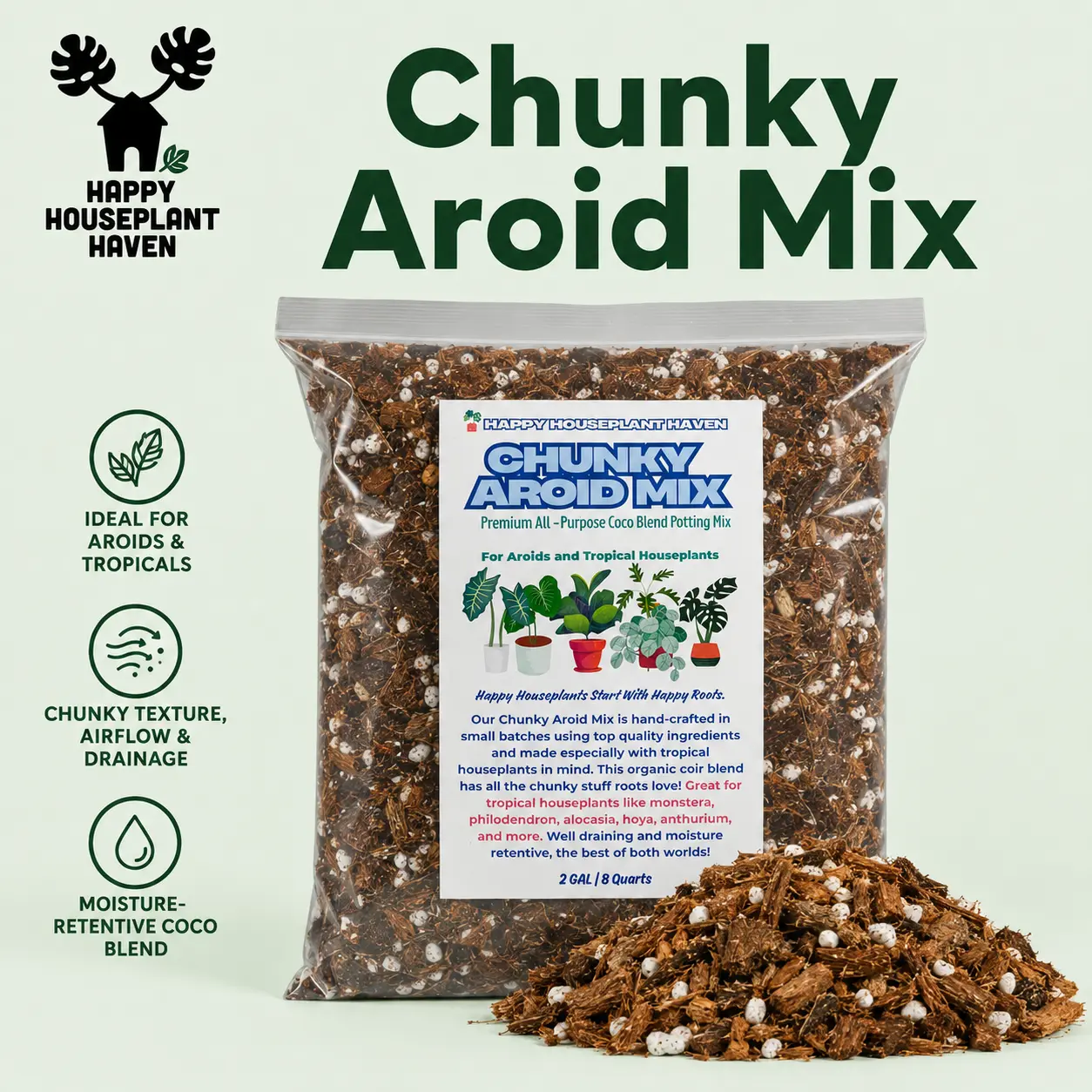 Happy Houseplant Haven Chunky Aroid Mix | Airy Fast-Draining Coco Potting Mix for Monstera, Philodendron, Alocasia, Anthurium, Hoya & Tropical Houseplants