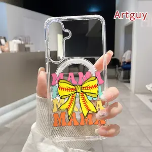 Softball Mama Bow Pattern Magnetic Phone Case for Samsung Galaxy S26 Edge S23 Ultra S24 Plus FE S25 S22+ Anti-Yellowing Shockproof Lightweight Transparent Acrylic Large Hole Soft Cover Supports Wireless Charging