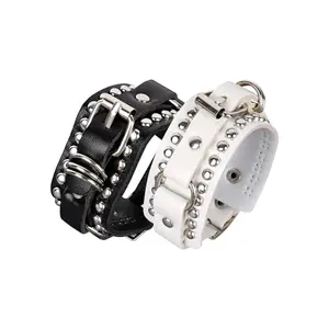 Yanxyad Punk Cuff Bracelet Studded Rock Wristband Sets For Men Women, Adjustable Strap Bangle, Goth Bracelets Set Vintage 80s Emo Style, PU Leather, UniGender Fashion Wristbands -Black & White