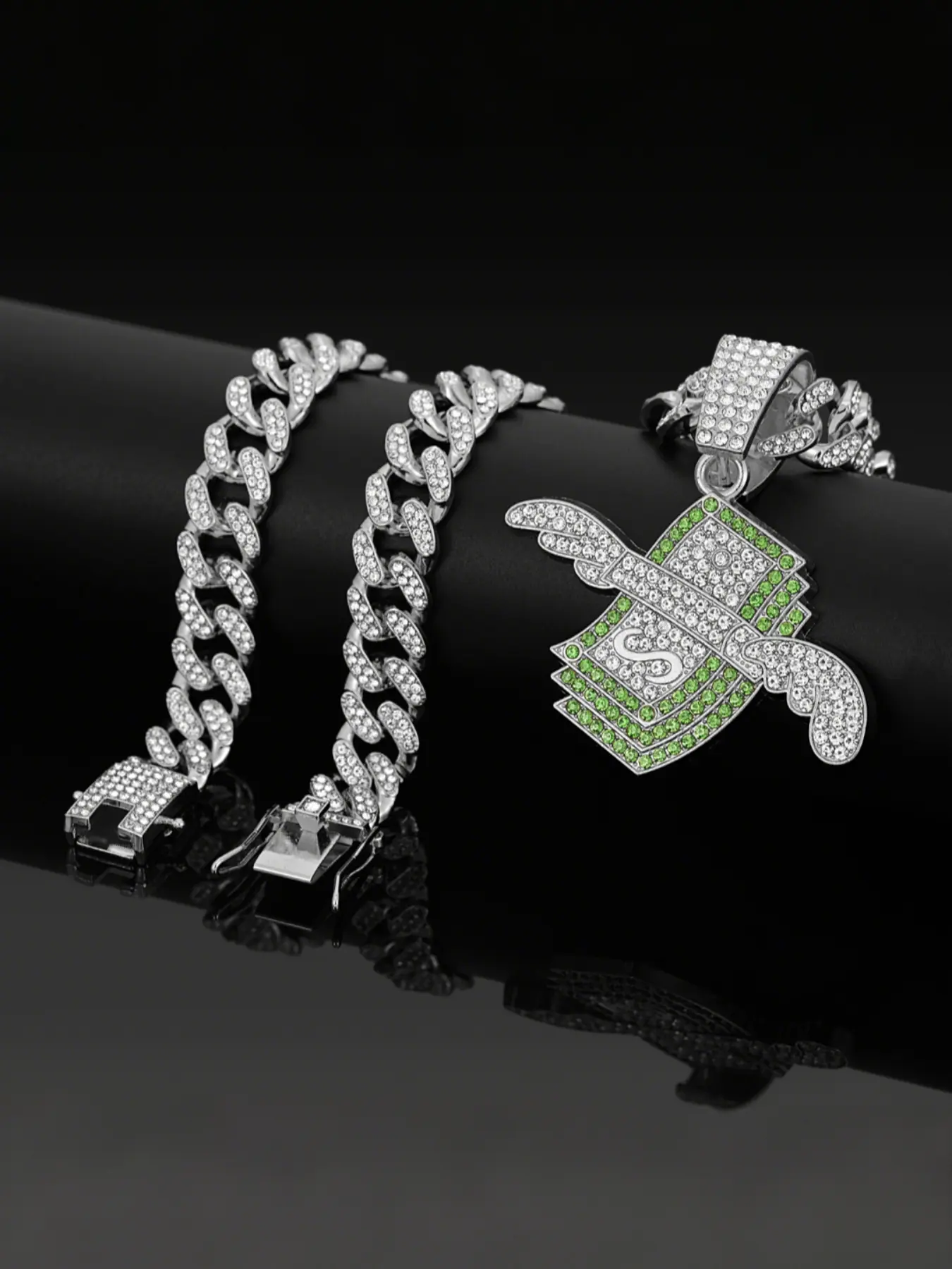 Hip Hop Flying Wings Dollar Full Diamond Pendant Necklace, Alloy Chain Street Style Art Culture Jewelry, Unisex Fashion Accessory