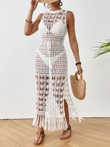 Elegant Women's Hollow Out Waist Tie Belt Fringe Long Dress, Bikini Cover Up Swimsuit Cover Up Beach Skirt, Swimwear Cover Up, Beachwear Cover Up, Fashionable Ladies' Clothing