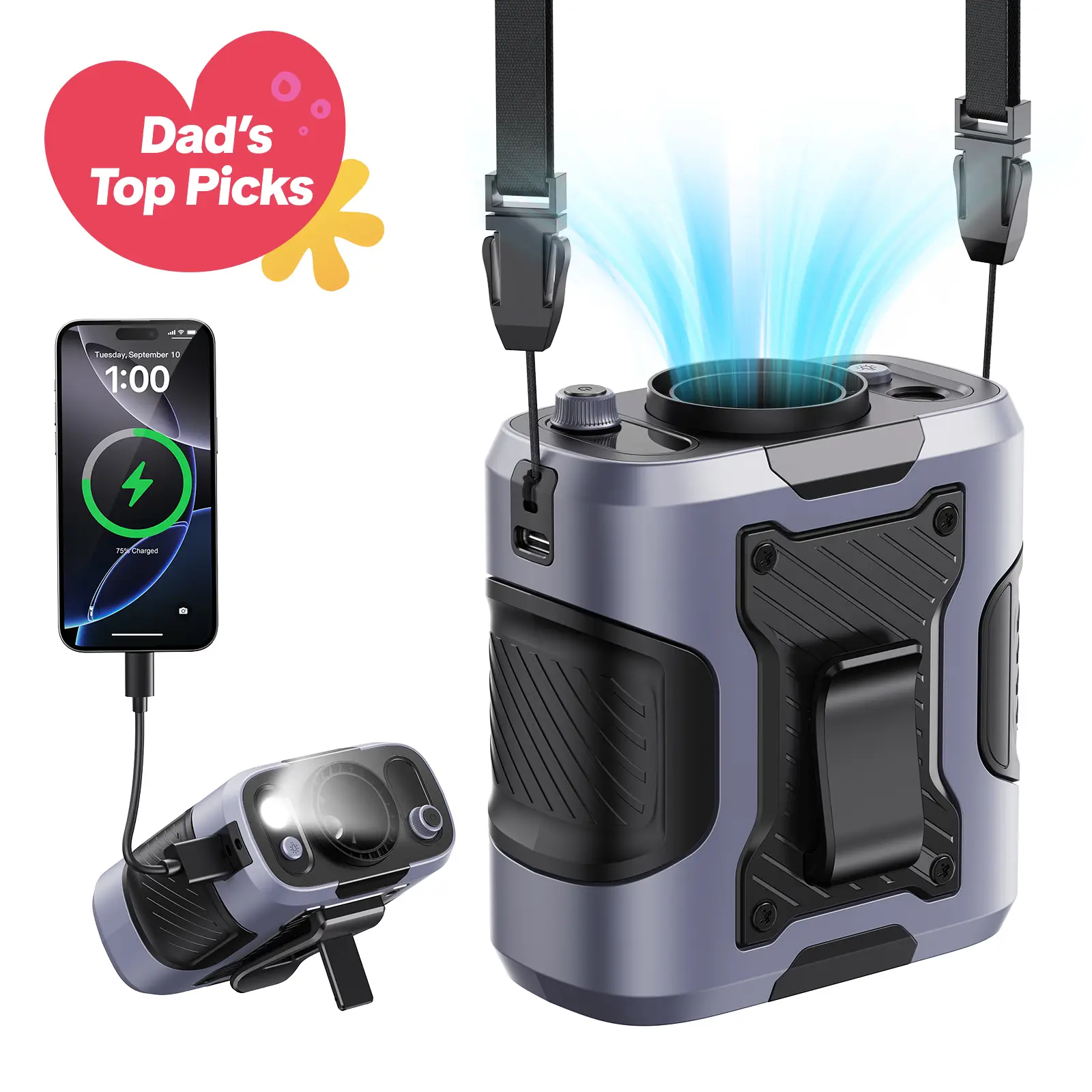 5 in 1 Portable Turbo Waist Clip Fan, 100 Speeds, Powerful 13500RPM, 24H Cooling, LED Display, Flashlight, Rechargeable Wearable Belt Body Shirt Fan f