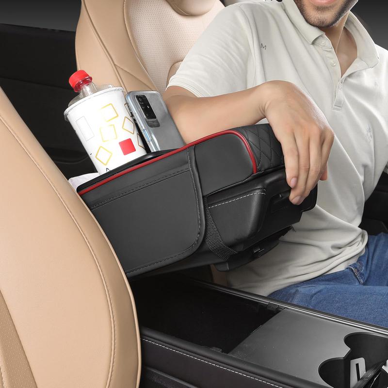 Car Armrest Cushion,5-in-1 Center Console Cover with 2 Storage Bags Cup Holder, Tissue Box Slot, Phone Slot for Sedans, Car Accessories Interior Organizers (Black red)