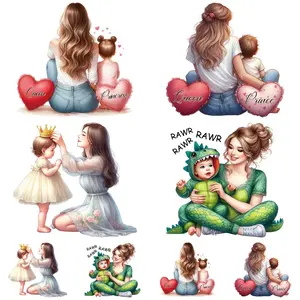 Mother's Day Mom Baby Pattern Heart Color Washable Iron-On Patches, 4 Large 4 Small, 2D Heat Transfer Ink Stickers