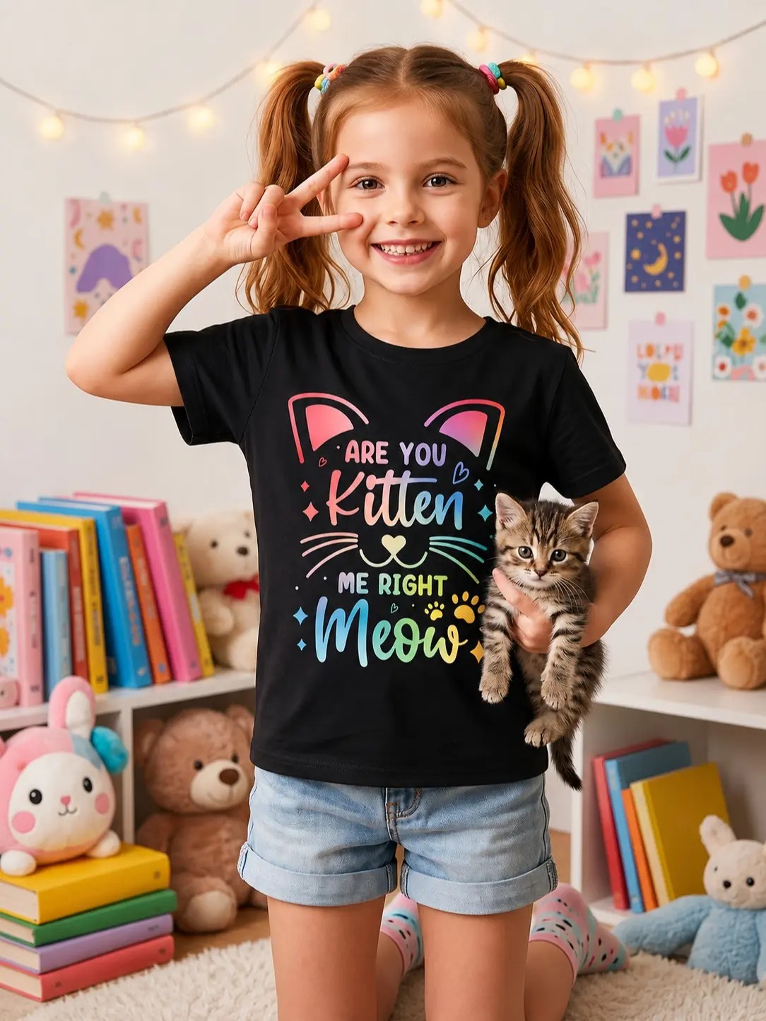 "Are You Kitten Me Right Meow" Graphic Girls' T-Shirt - Colorful, Cute Cotton Crew Neck Short Sleeve Top - Perfect for Valentine's Day, Easter, Colorful Girls' T-Shirts, Cute Girls' T-Shirts