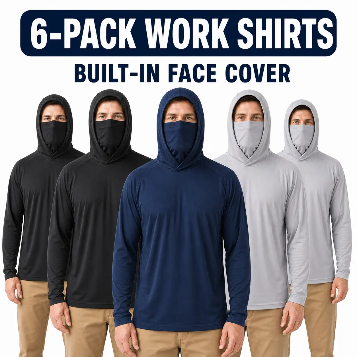 Men's 6-Pack Sun Protection Hooded Work Shirts, Built-In Face Mask, Breathable Long Sleeve Outdoor Work Shirts for Lawn Care, Gardening and Construction