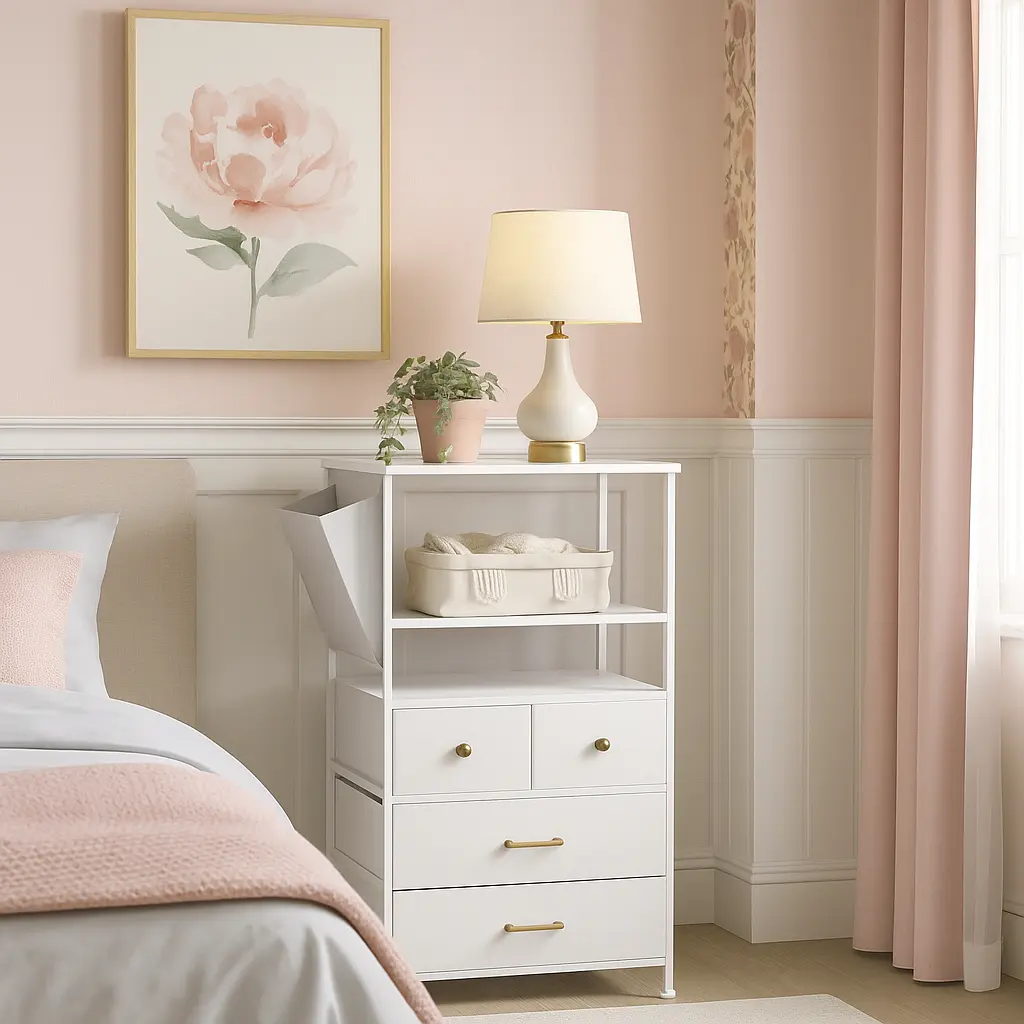Tall Nightstand with 4 Drawers, Side Hooks and Side Pocket, Bedside Table with 2-Tier Open Shelf for Bedroom, Living Room and Home Office