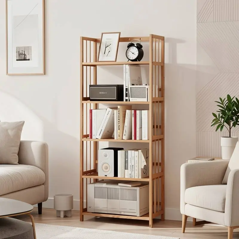 4/5-tier multifunctional bamboo storage rack, space-saving bookshelf and display stand, suitable for home offices, storage and display stand, Nordic minimalist style, quick and easy assembly.Floor-standing storage rack, ideal for home, office, and living