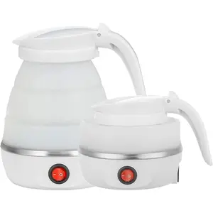 Foldable Electric Travel Kettle - Portable and Convenient Silicone Collapsible Water Boiler and Tea Pot for Camping - Easy Storage with Detachable Power Cord (White)