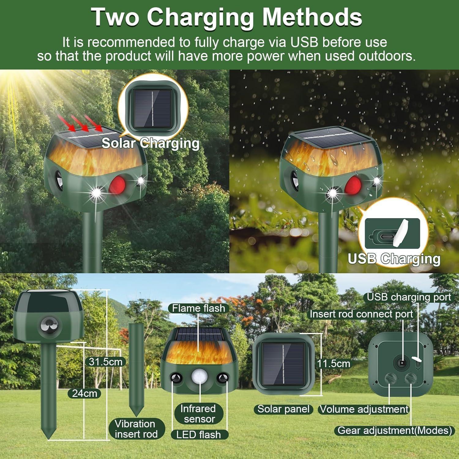 2026 Upgraded Solar-Powered Animal Repeller with Soundwave technology Flame Light & Motion Sensor - 360° Infrared Sensing, 5 Modes, Dog & Wildlife Deterrent for Birds, Skunks, Rabbits, Squirrels, Deer, Soundwave technology Solar Animal Repellent
