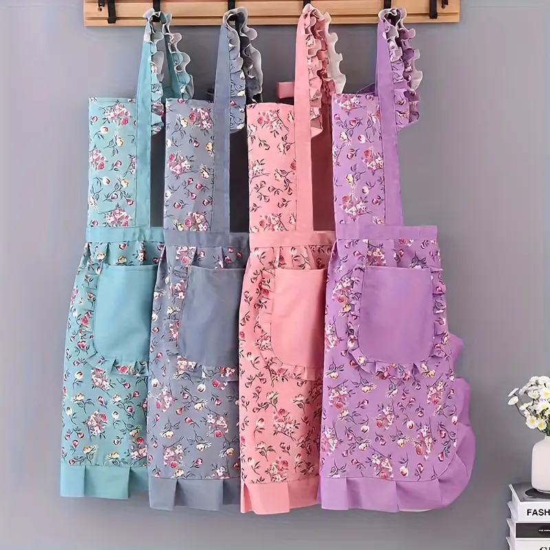 Women's 100% Polyester Floral Print Full Coverage Aprons - 2 Multifunctional All-Seasons Home Supplies for Cooking, Gardening - Ideal Blue + Pink Gift for Christmas, Special Occasions