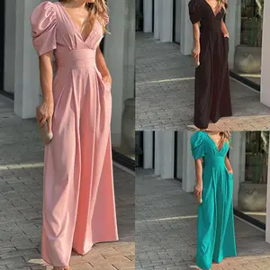Women's Fashionable Elegant Solid Color Slim-Fit Short-Sleeve Wide-Leg Jumpsuit