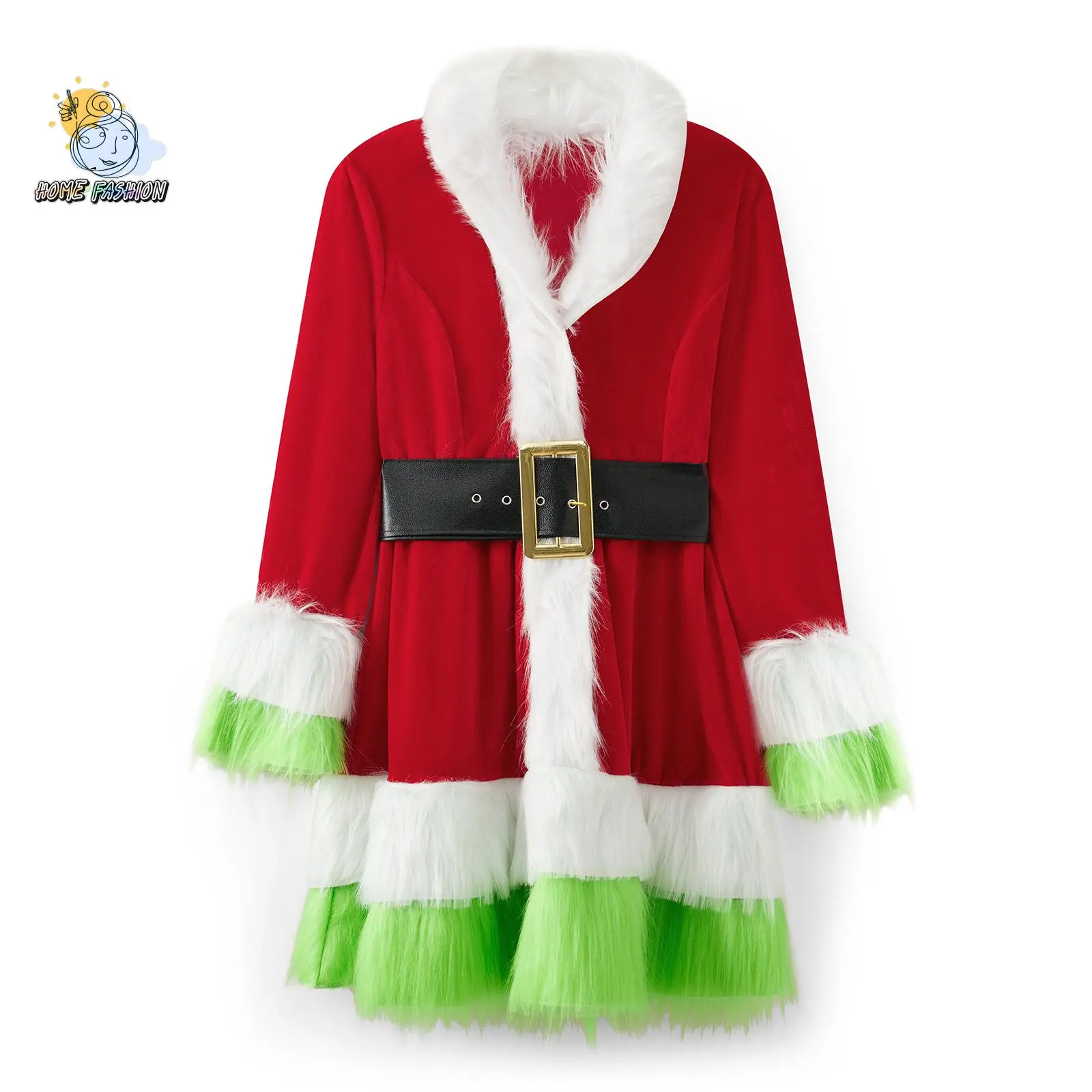 2-Piece Women's Christmas Cosplay Costume Long Sleeve Santa Dress Belt Hat Sets Dress Cosplay Clothes