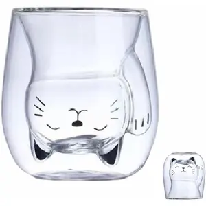 MIUVA Cute Cat Tea Cup Double Wall Glass Coffee Mugs 200 ml/6.8 oz Lead-Free Safe for Hot & Cold Beverages Personal Gifts for Friends Family Office Use