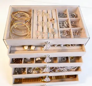 Transparent Acrylic Jewelry Organizer with Velvet-Lined Compartments, Stackable Storage Box for Rings, Necklaces, Bracelets and Earrings, Ideal for Dresser & Vanity