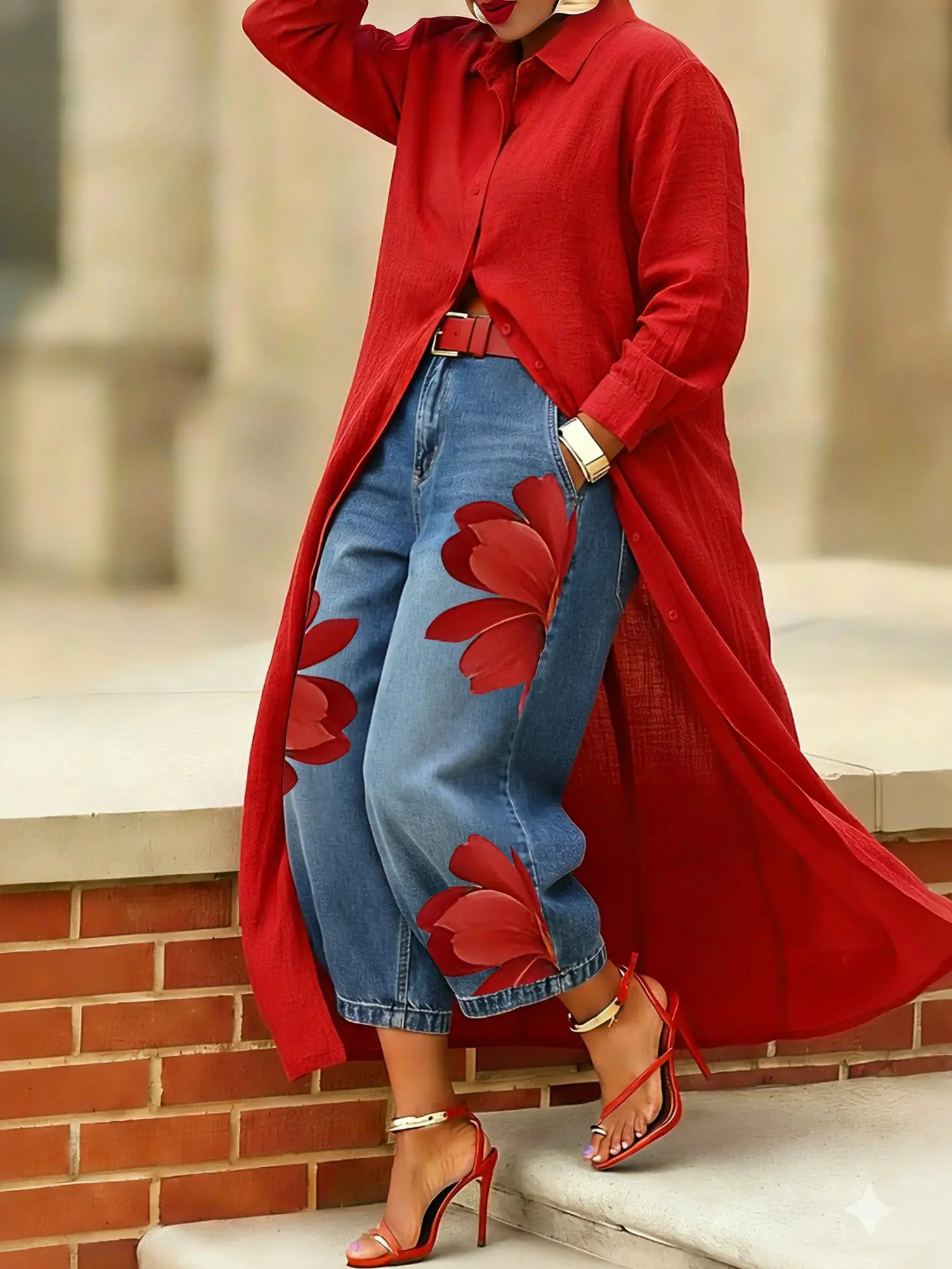 Women's Red Floral Print Jeans, High-Waist Wide-Leg Cropped Denim Pants for Casual Streetwear