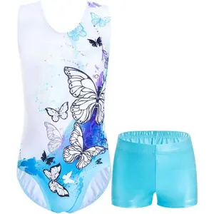 KF5-GCS025  Girls Gymnastics Leotards Set One Piece Sleeveless Tumbling Outfits with Matching Shorts Size 5-12 Years Old