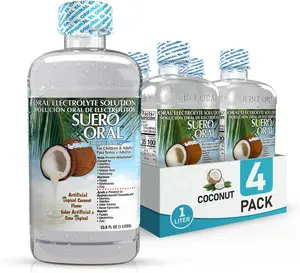 Suero Oral - Electrolyte Solution - Coconut - 4 Pack- Electrolytes Drink, Hydration Booster & Rehydration Drink for Kids & Adults, Hydrates, Replenishes, Energizes, Coconut Flavor, 1 Liter.