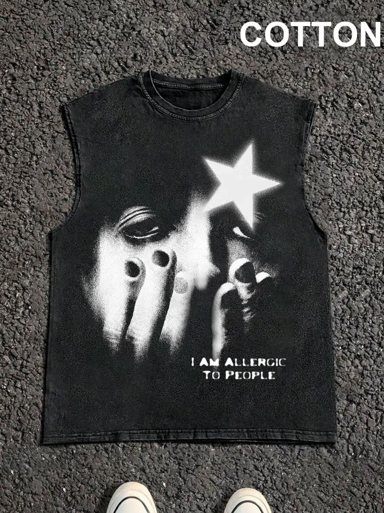 1 PCS I Am Allergic To People Star Face Portrait Distressed Halftone Graphic Print, Grunge Dark Aesthetic Streetwear Vest, Breathable Unisex Tank For Introverts Indie Fashion Summer Daily