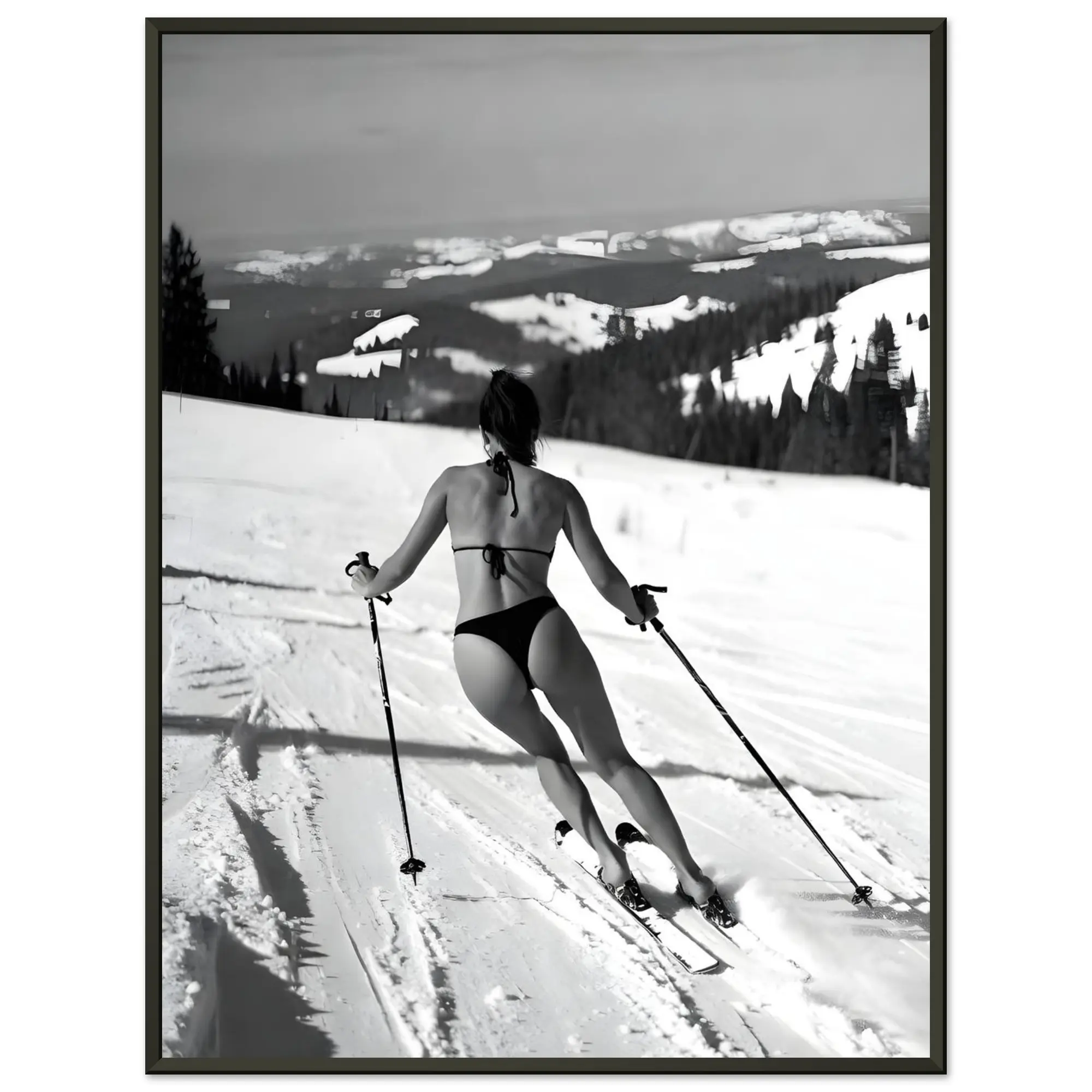 Hot Girl Winter Ski Framed Metal Poster – Black & White Snow Aesthetic Wall Art