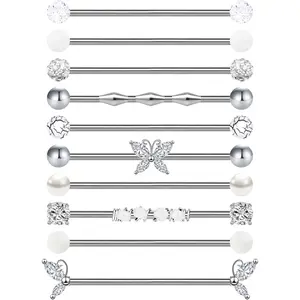 10Pcs 14G Industrial Piercing Jewelry Surgical Steel Industrial Barbell Earrings for Women Helix Cartilage Piercing Earrings