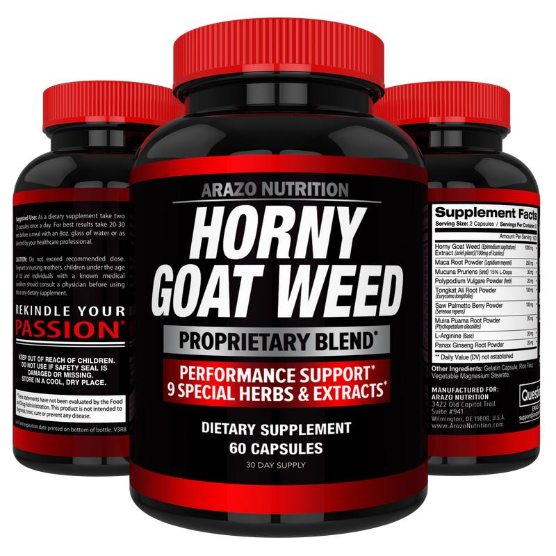 Arazo Nutrition Horny Goat Weed Proprietary Blend 1000mg Fast Acting Powerful 9 Herbs Tongkat Ali Saw Palmetto L Arginine 60 Capsules
