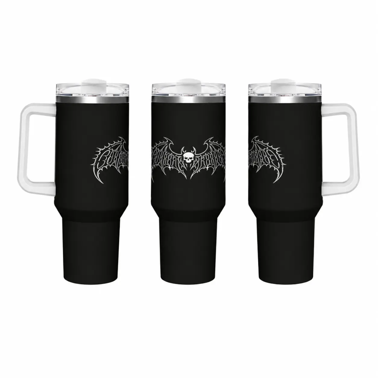 40oz Insulated Stainless Steel Tumbler with Handle - Stylish Aesthetic Solid Matte Black, Gothic Skull-Bat Wing, Spike Thorn Graphics, Leakproof Car Travel Mug, Hot-Cold Retention Goth Punk Novelty Gift