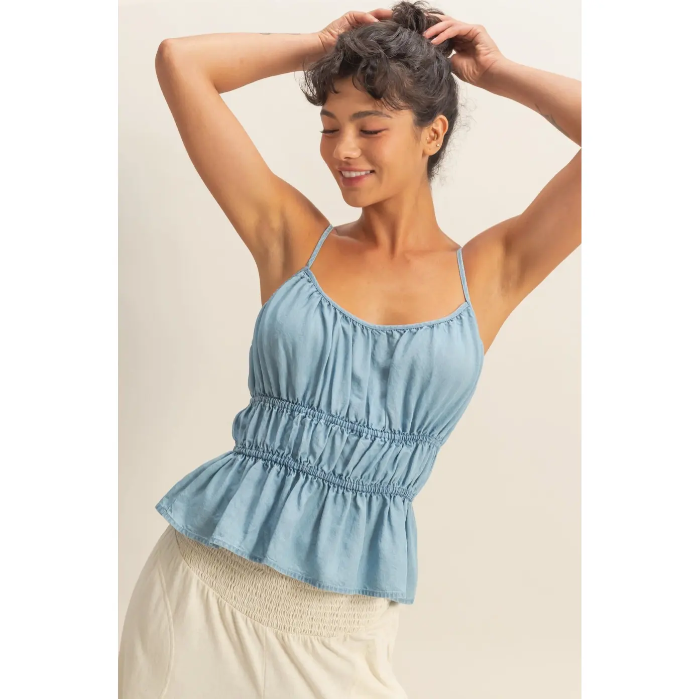 Women's Casual Denim Cinched Peplum Top - Light Blue, Stylish Women's Clothes