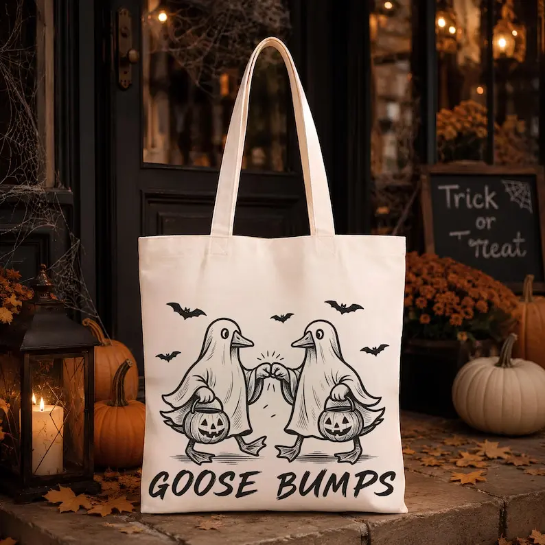 Goose Bumps Zippered Tote Bag, Funny Halloween Goose Bag, Spooky Trick or Treat Tote, Fall Ghost Duck Book Bag Suzan