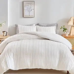 White Boho Duvet Cover Set King Size, Striped Textured Tufted Bedding Set, 3 Pcs Ultra Soft Washed Microfiber Duvet Cover with Zipper Closure (King, White)