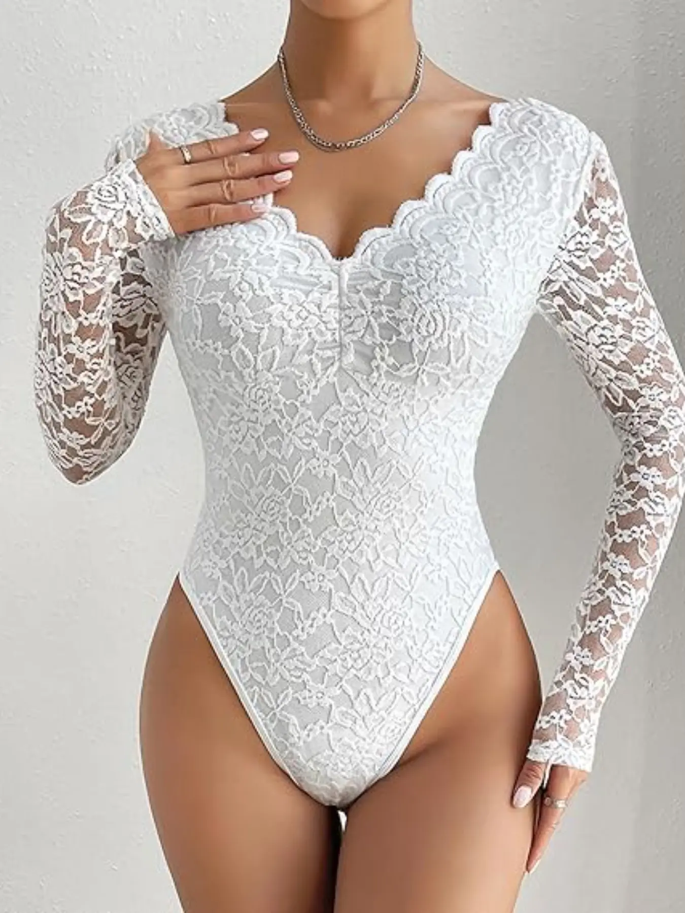 Elegant Floral Lace Bodysuit for Women, Sexy Wave Edge V-Neck Long Sleeve, Slim Fit Breathable Mesh Sheer, Fashionable Bodysuits, Y2K Streetwear, Party, Fashion, Womenswear