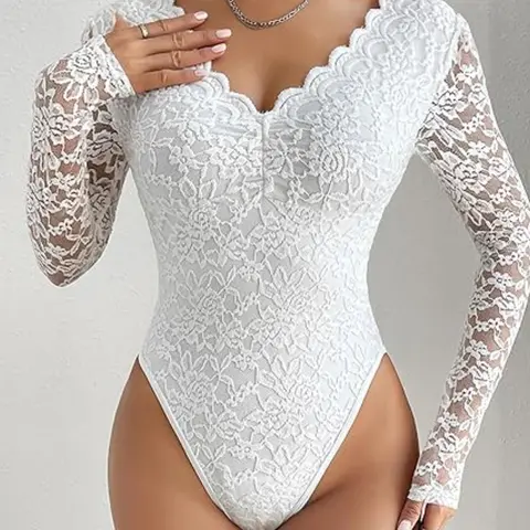 Elegant Y2K Street Style Floral Lace Bodysuit for Women, Sexy V-Neck Long Sleeve Slim-Fit Breathable Mesh Party Bodysuit for Fall & Winter