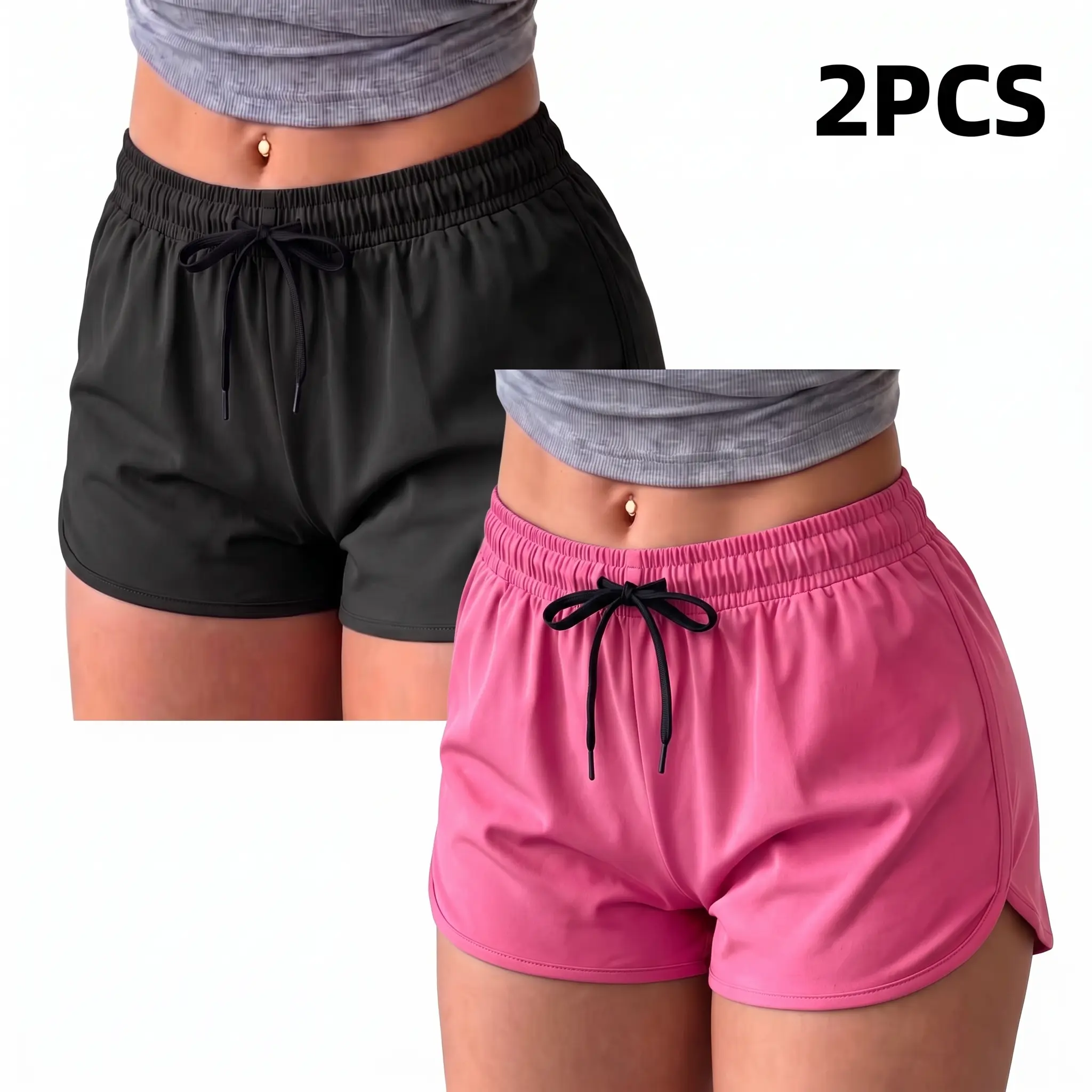 Women’s two-pack trendy fashion shorts with a stylish waistband (no pockets), lightweight and breathable with an elastic waistband and adjustable drawstring, suitable for outdoor outings, everyday wear, summer beach trips, hiking, running, and casual acti