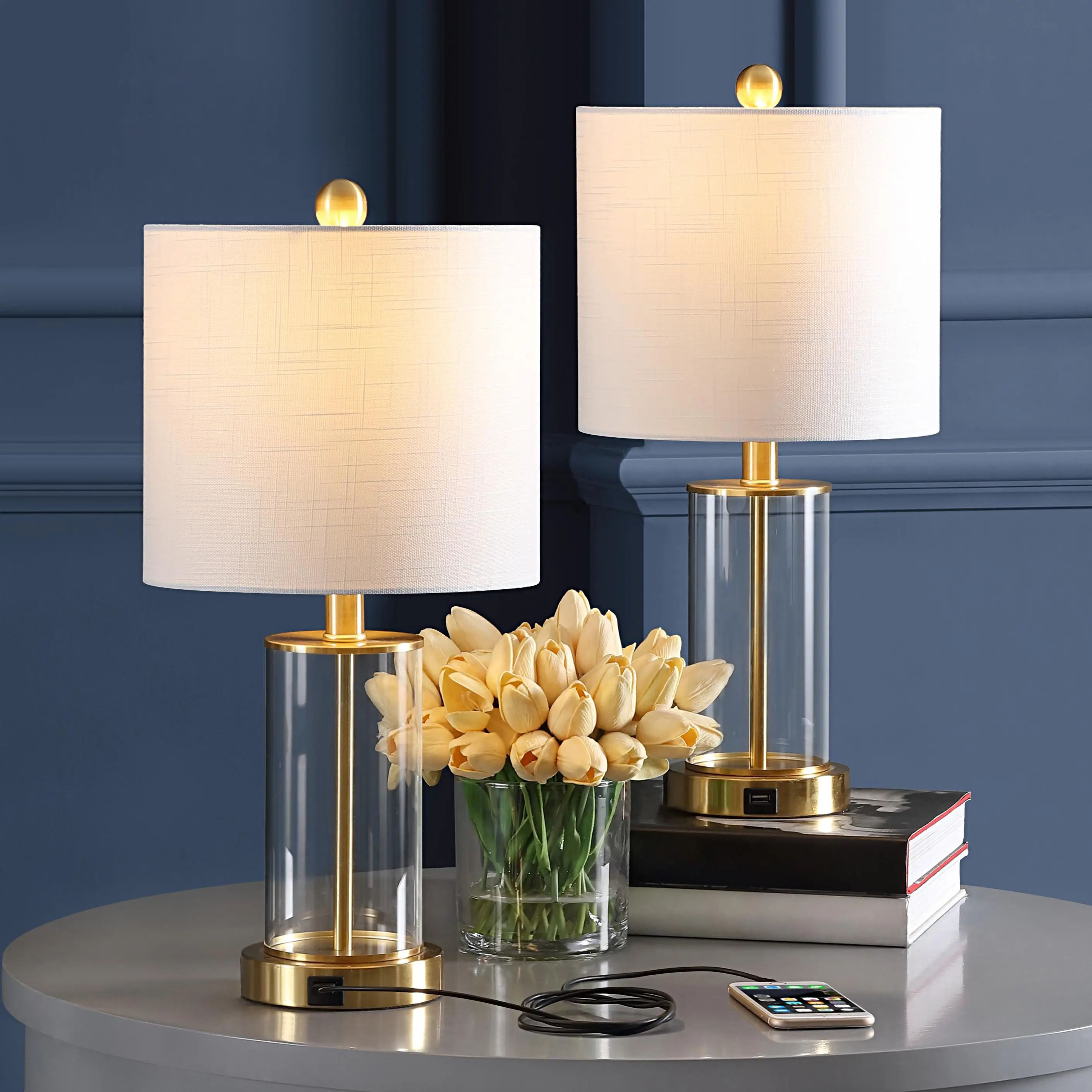 JONATHAN Y Abner 21in Table Lamps (Set of 2), Modern Contemporary 40W Type 'A' USB Port USB Night Light, White Linen Fabric Shade, Metal Construction, LED Bulbs Included, Bedside Nightstand Light