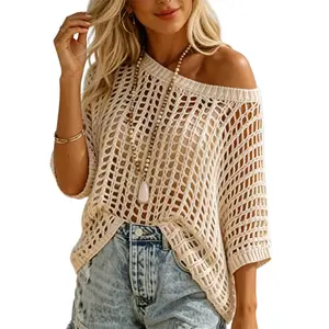 AIbart Womens Summer Scoop Neck Short Sleeve Sweater Casual Crochet Hollow Out Knit Tops Pullover Shirts Beach Coverup fathersdaygift