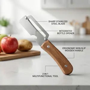 2 PCS 2-in-1 Fruit & Veggie Peeler with Bottle Opener Sharp Stainless Steel Wooden Handle Ergonomic Non-slip Design for Comfortable Grip