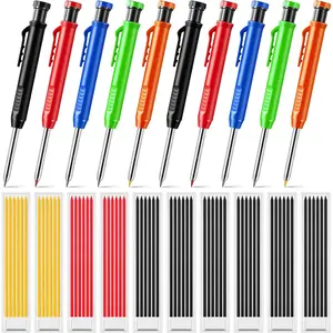 10 count Solid Carpenter Pencils with 60 count 2.8mm Refills Long Nosed Deep Hole Mechanical Pencil Marker Construction with Built in Sharpener for Woodworking Drafting Architect Tool