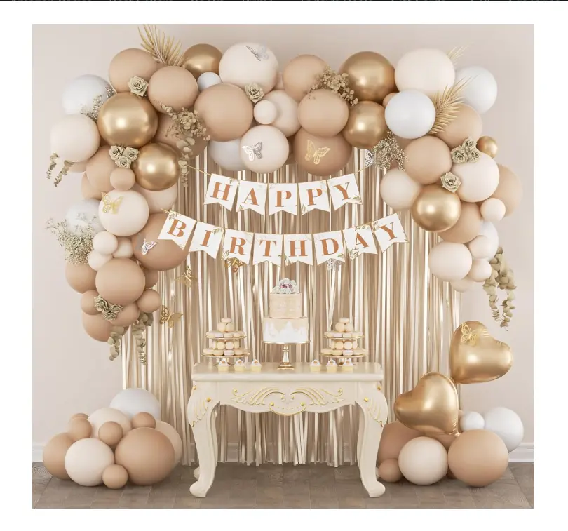 Boho Birthday Decorations with Sand White Nude Metallic Gold Foil Balloons Fringe Curtain Happy Birthday Banner for Neutral Happy Birthday Decorations for Women