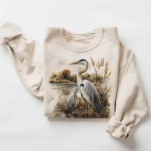 Retro Great Blue Heron Marsh Scene Sweatshirt - 90s Birding Bird Lover Gift - Birds Wildlife Nature Outfit - Boho Unisex Crewneck Sweatshirt - Lauriel Designs  HB